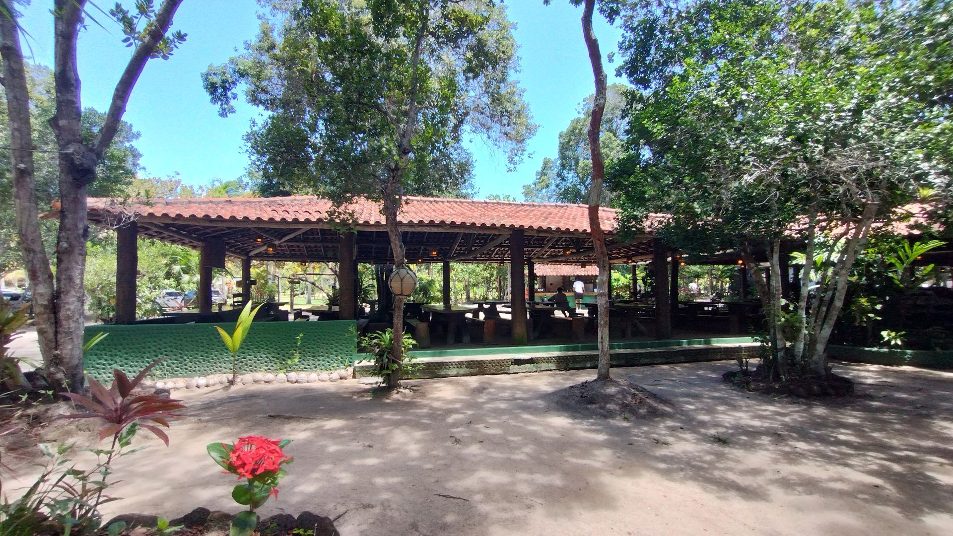 Pátio sombreado com árvores, um pavilhão com telhas vermelhas e uma flor vermelha em primeiro plano.