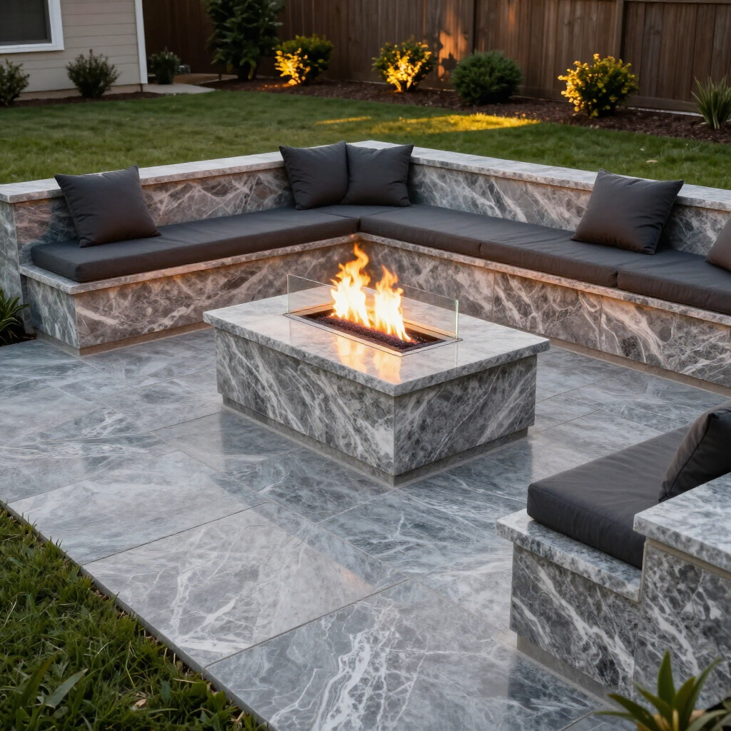 White Adirondack chairs around a stone fire pit on a lawn, with a stepping-stone path and trees behind.