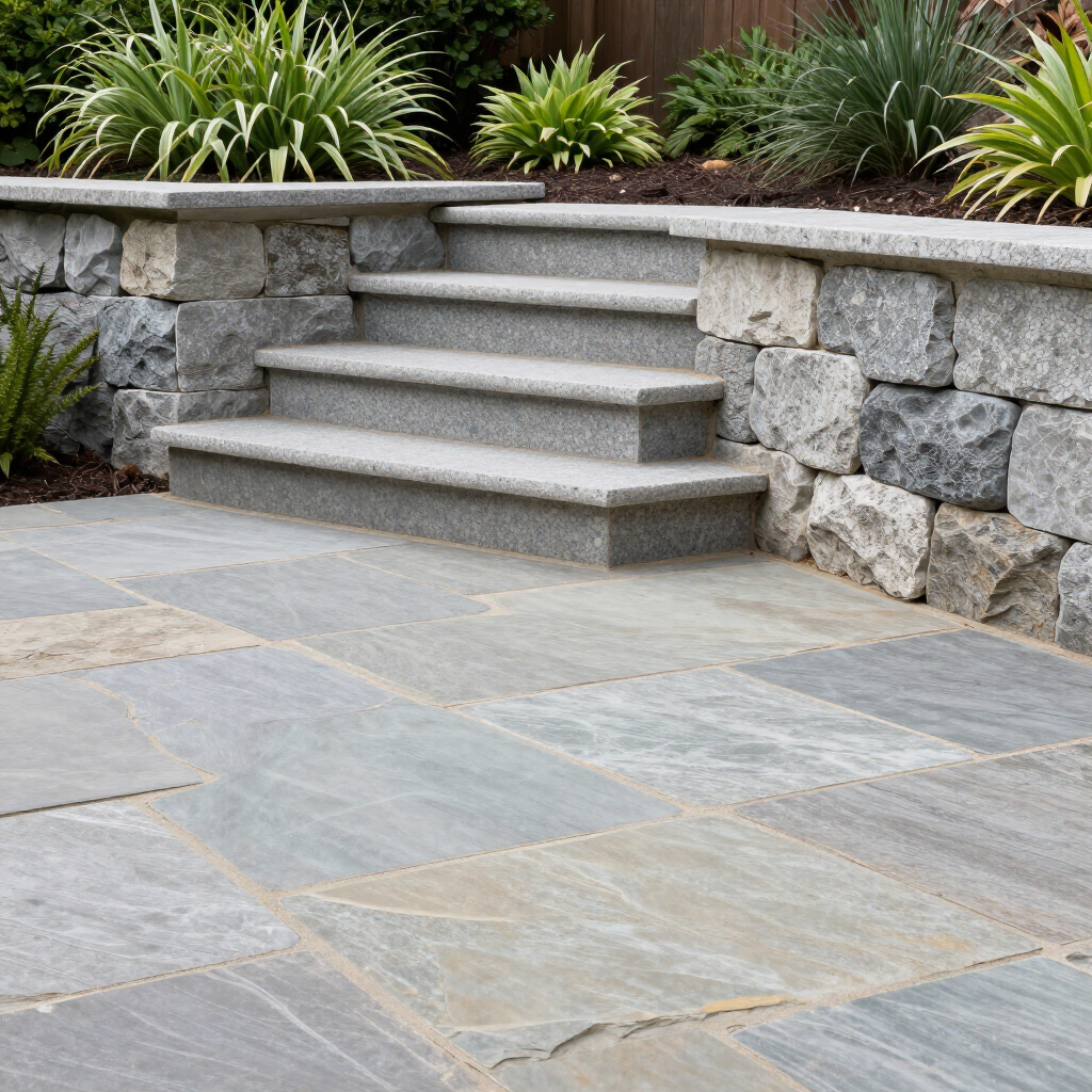 Backyard garden with stone path, log steps, mulch beds, shrubs, and a wooden fence