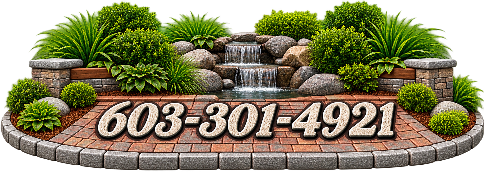 Decorative landscape sign with waterfall and stones displaying phone number 603-301-4921