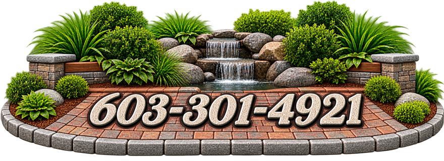 Decorative landscape sign with waterfall, greenery, and phone number 603-301-4921