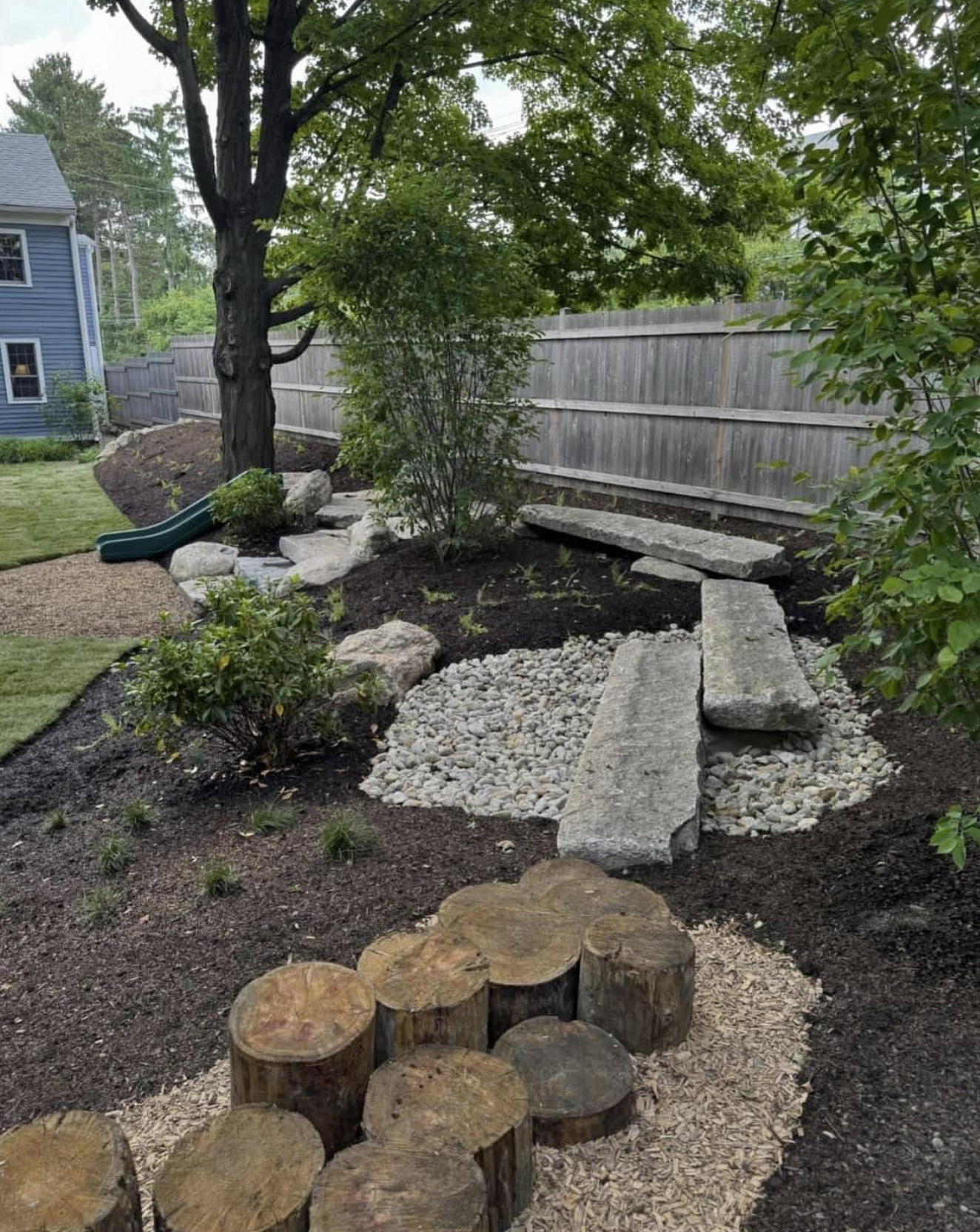 Backyard garden with stone path, log steps, mulch beds, shrubs, and a wooden fence