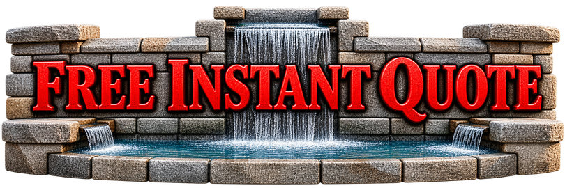 Red stone sign reading “FREE INSTANT QUOTE” with green plants and decorative rocks