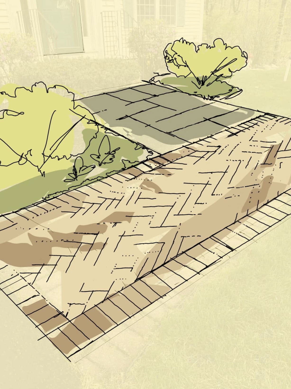 Backyard garden with stone path, log steps, mulch beds, shrubs, and a wooden fence