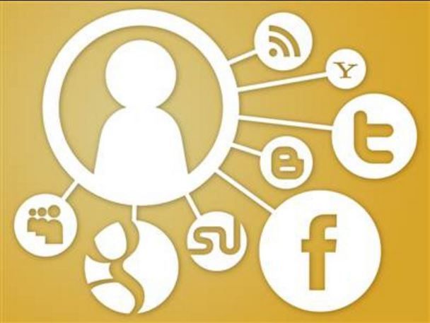 Stylized social media network icons around a central user silhouette on a gold background