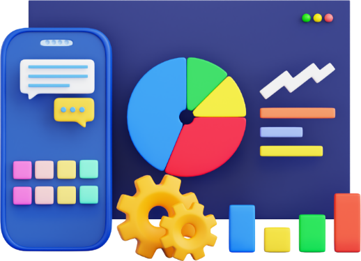 Smartphone and data visualization with pie chart, bar graphs, and gears.