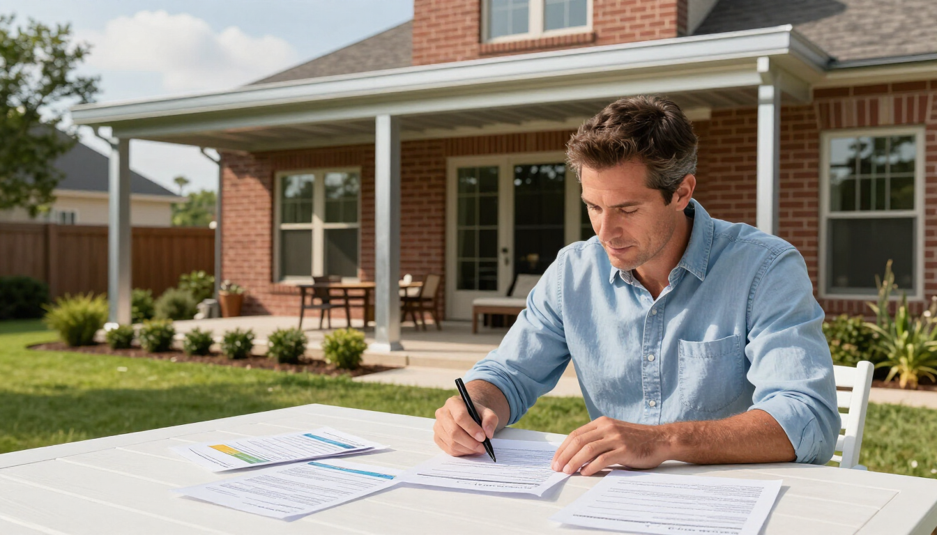 Homeowner learning how to read a patio cover quote beside an aluminum patio cover