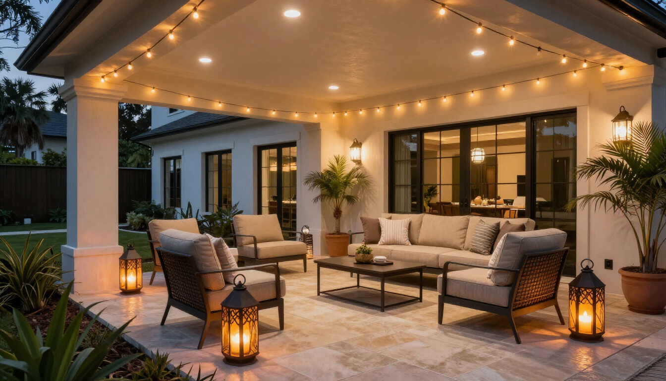 Creative lighting ideas for a covered patio with warm layered lights
