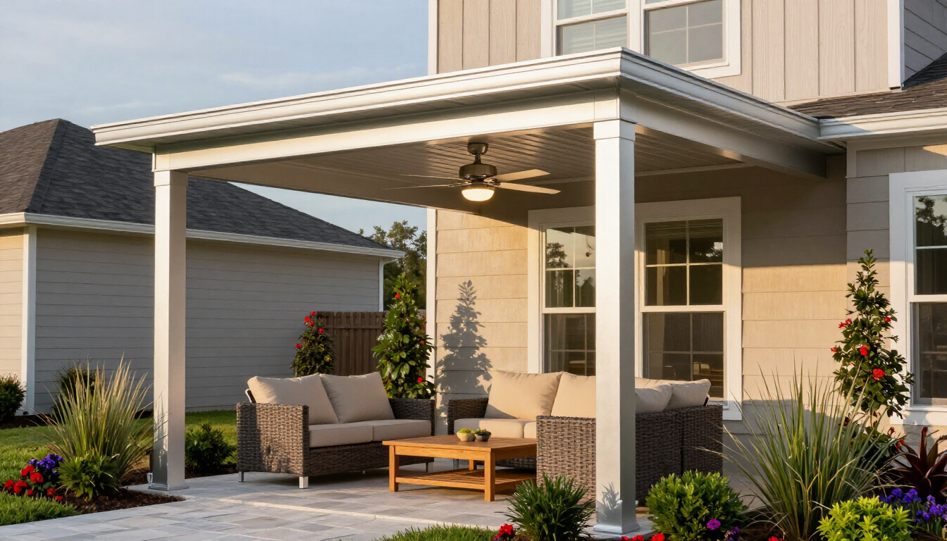 Aluminum patio cover with shade and outdoor seating in Katy, TX