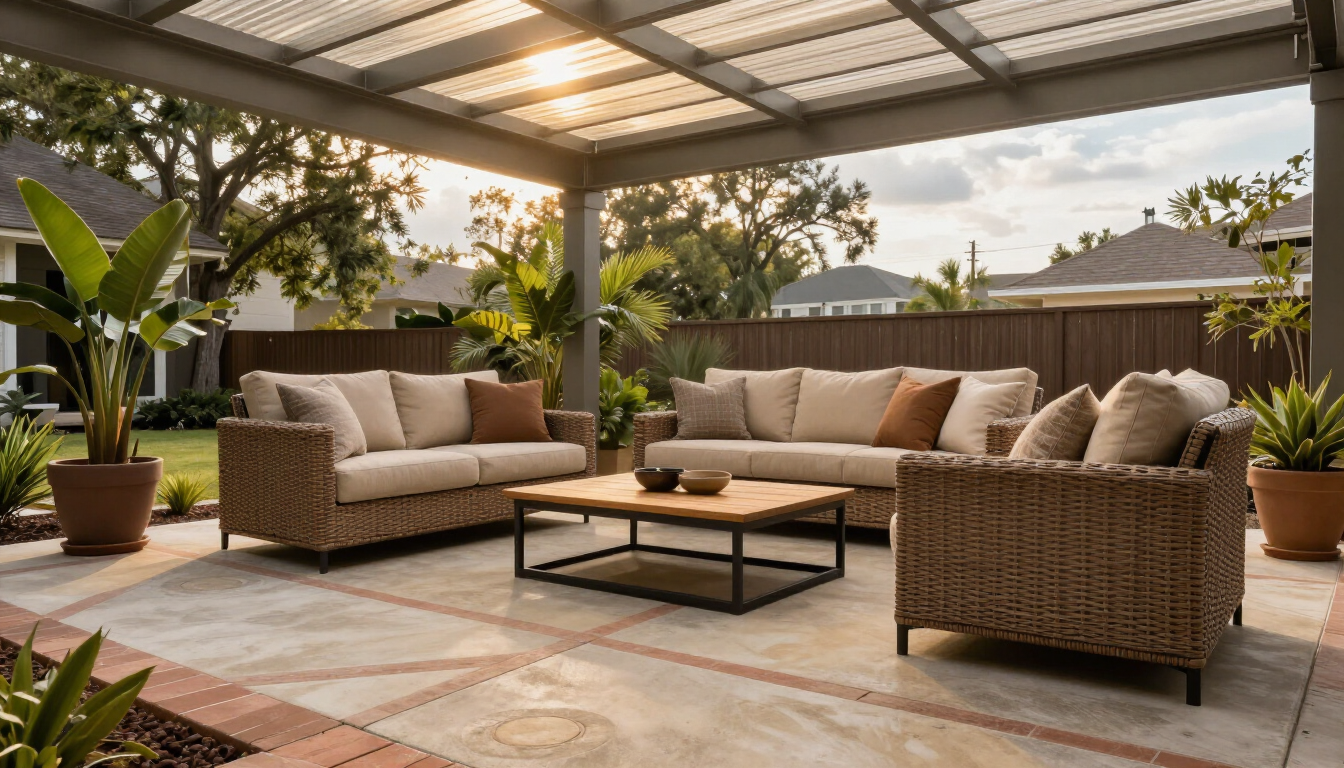 Patio concrete flooring options beneath an aluminum patio cover