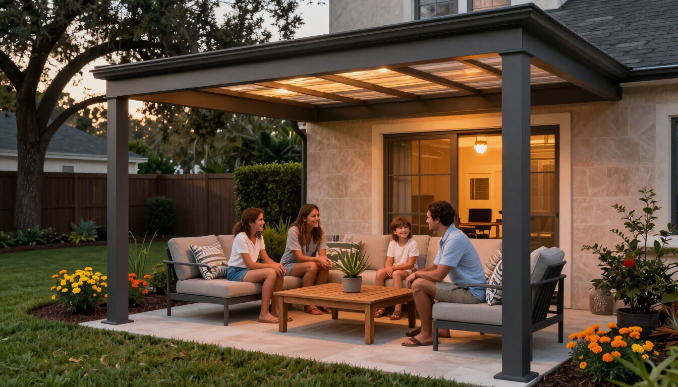 Photorealistic family enjoying a shaded aluminum patio cover extension in a landscaped Houston backyard