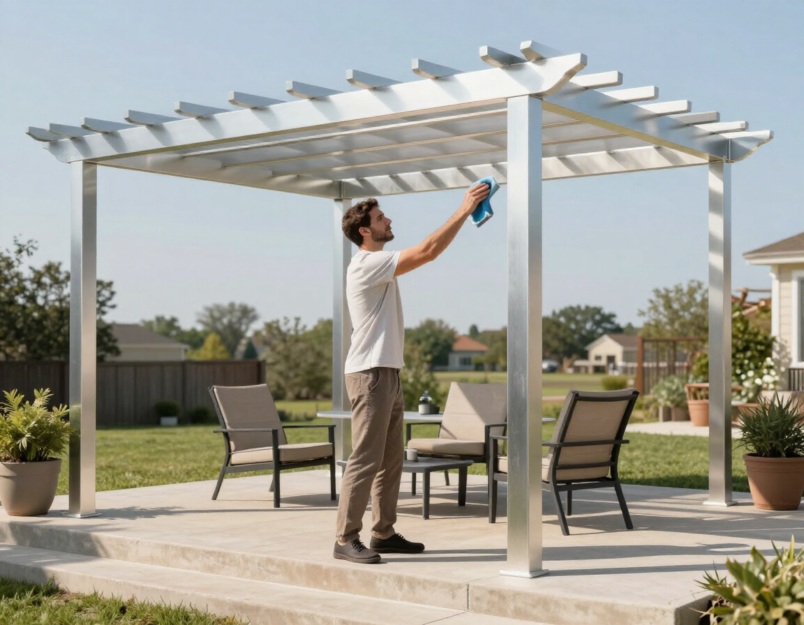 Photorealistic homeowner cleaning a low-maintenance aluminum pergola over a Houston patio