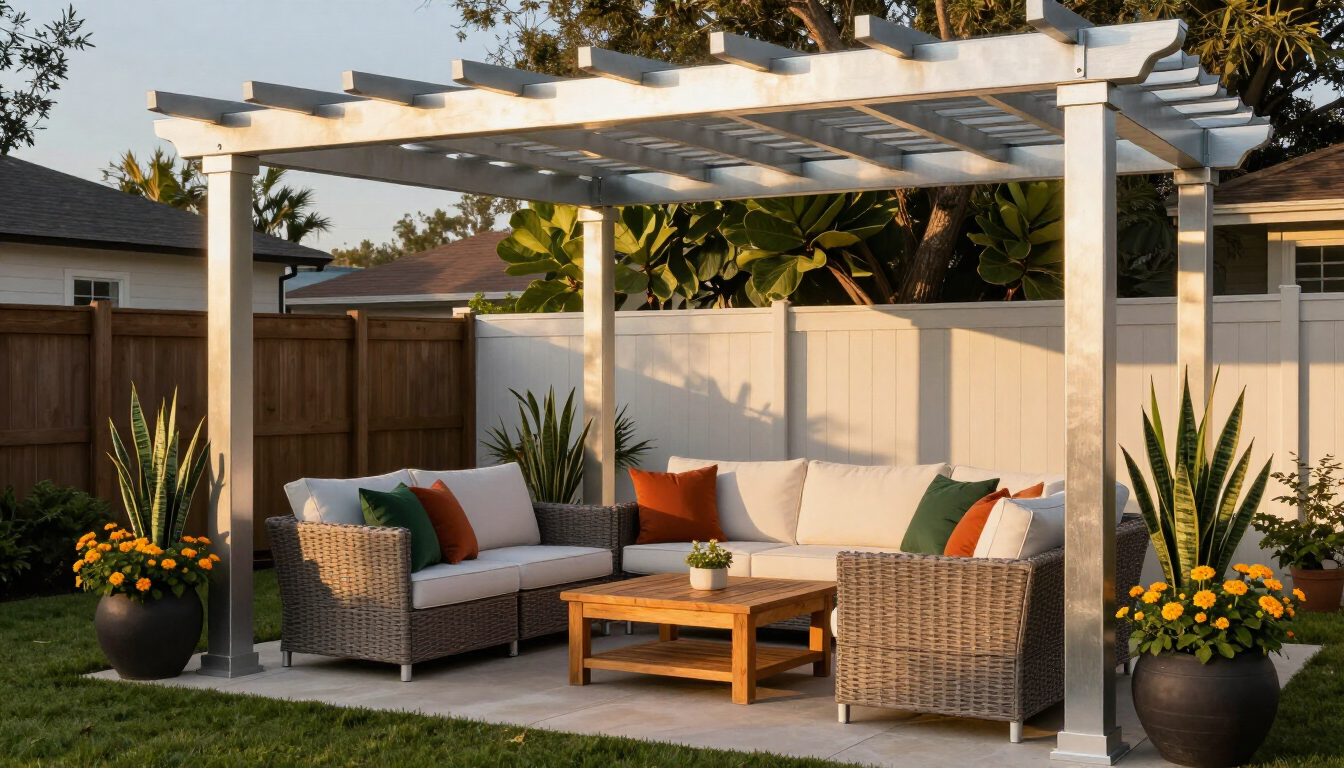 Photorealistic aluminum pergola covering a Houston backyard seating area