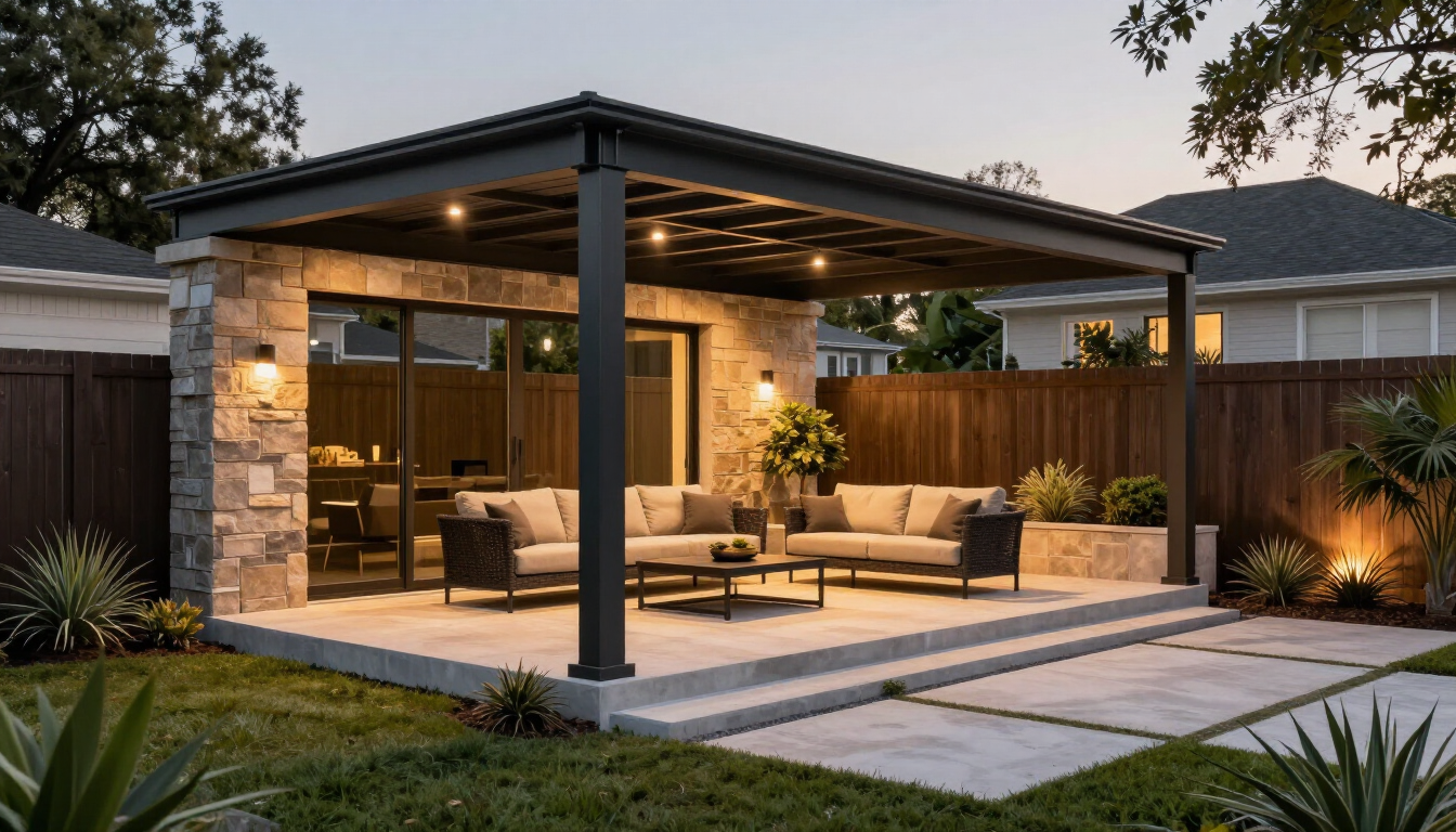 Modern covered patio with outdoor seating, string lights, and a landscaped backyard at dusk
