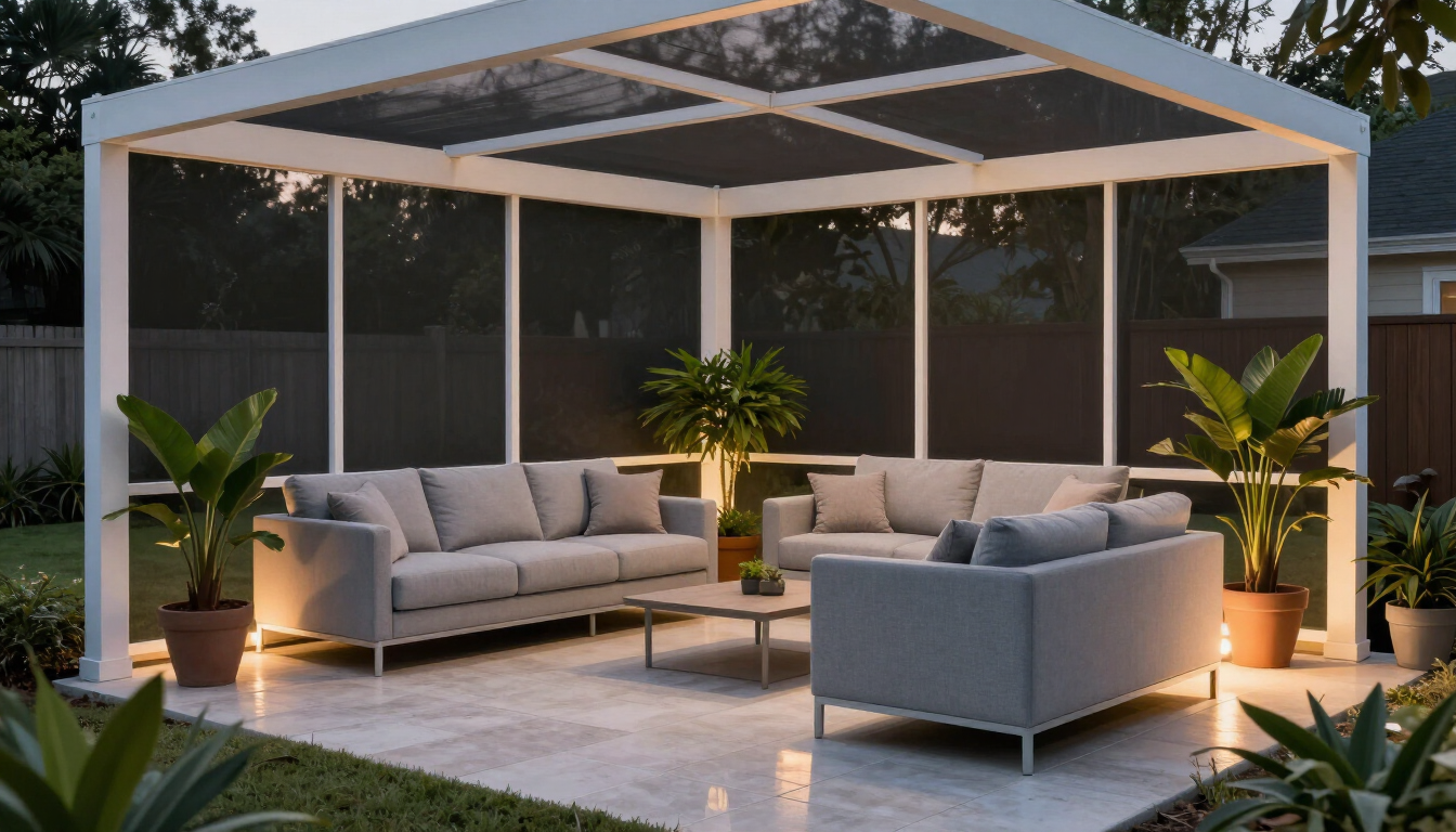 Comfortable screened outdoor living area with plants and layered lighting