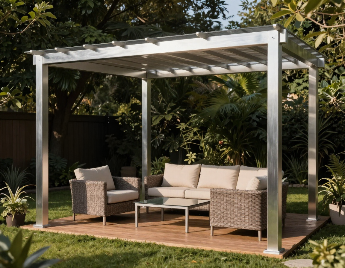 Aluminum pergola over a backyard seating area