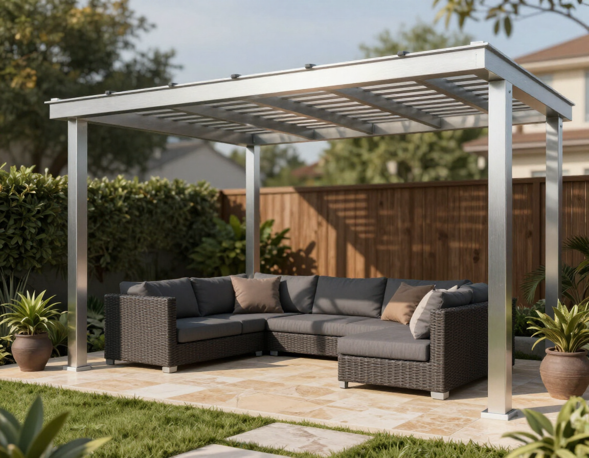 Aluminum pergola over a backyard seating area