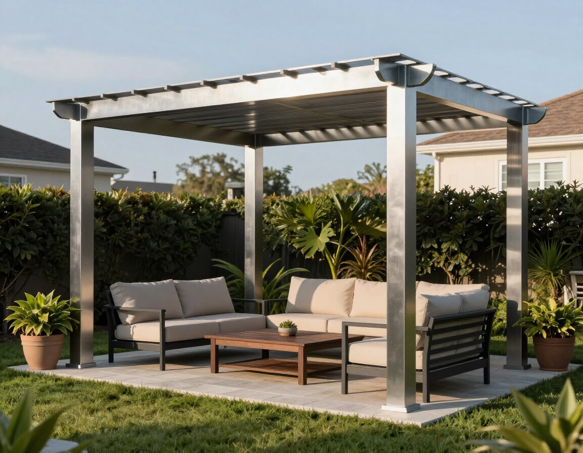 Aluminum pergola over a backyard seating area