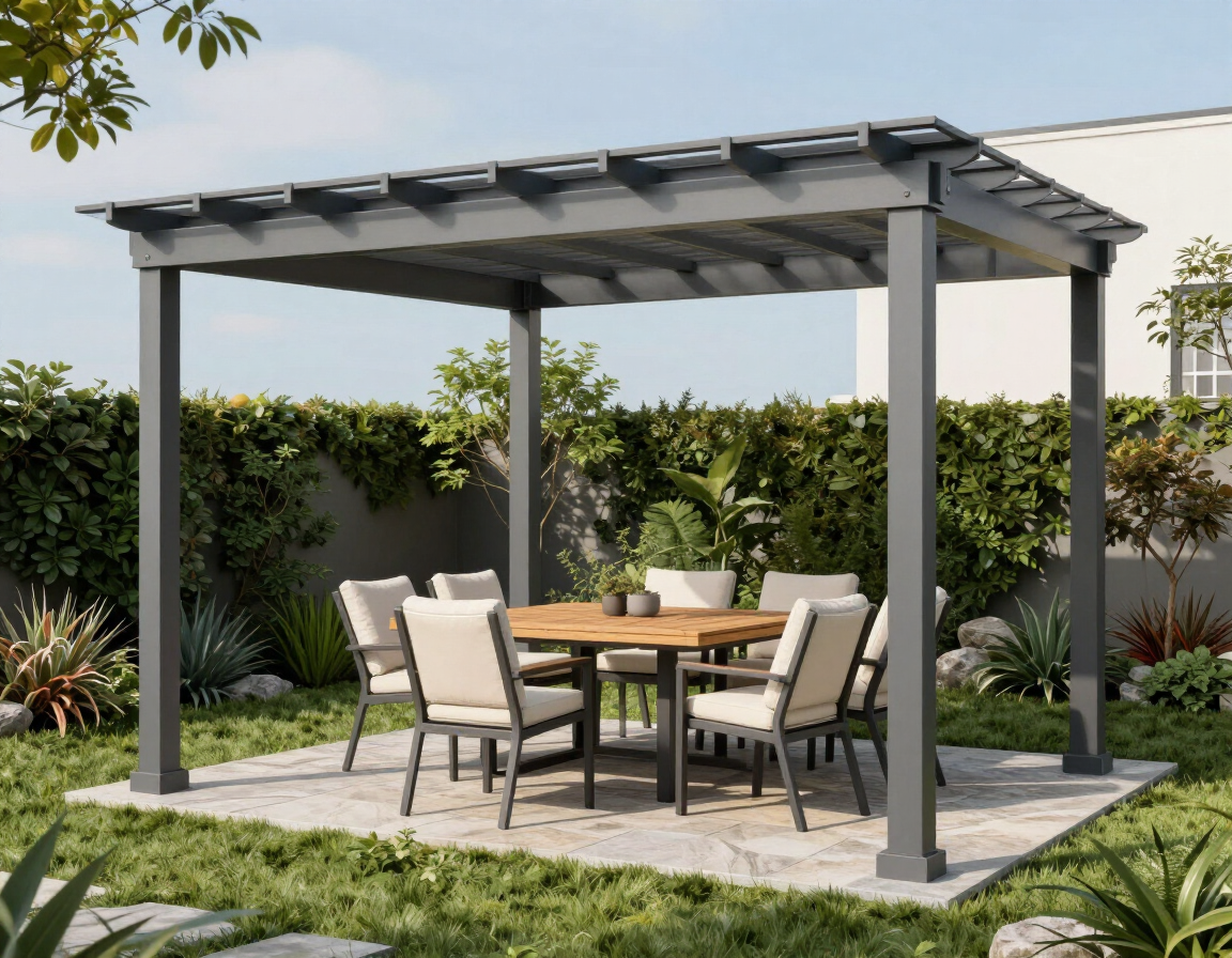 Outdoor patio with gray pergola, round table, and six chairs on a stone pad surrounded by greenery