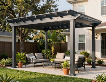 Aluminum pergola over a backyard seating area in Houston, TX