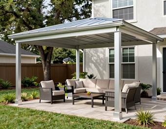 Aluminum patio cover over a backyard patio in Houston, TX