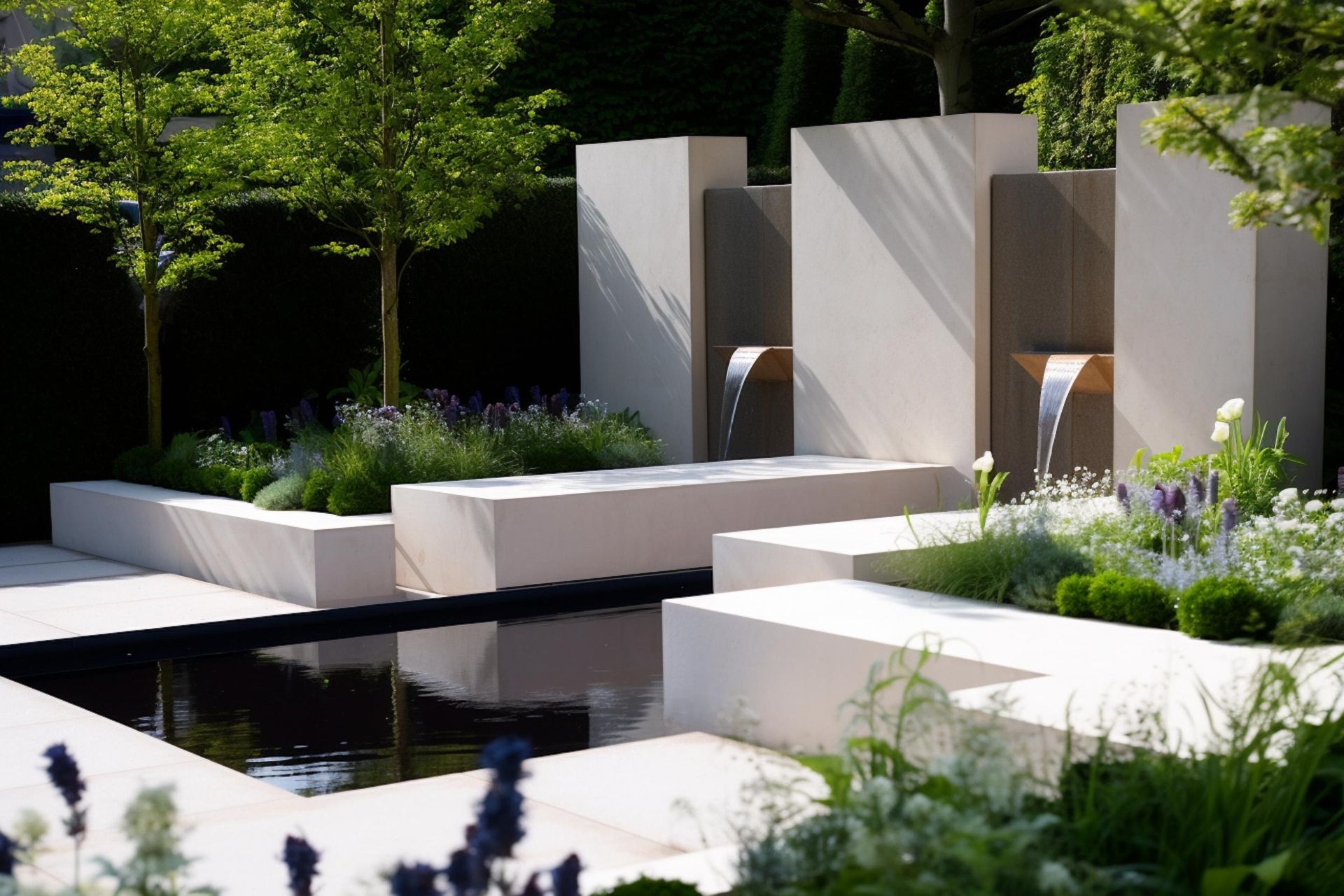 A modern garden with a waterfall and a pond.