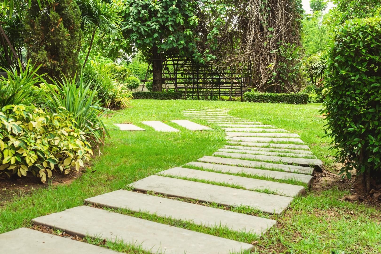 A stone walkway leading through a lush green garden.