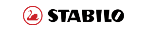 Un logo nero e rosso per Stabilo su uno sfondo bianco.