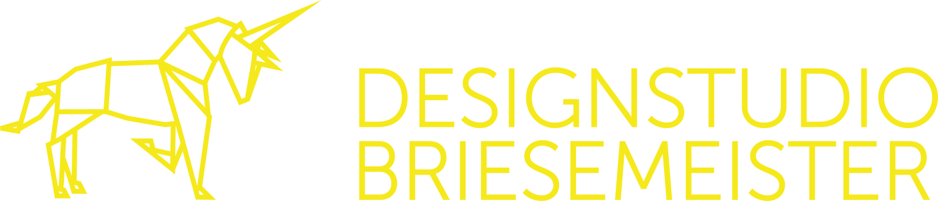 Gelbes geometrisches Einhorn-Logo, Schriftzug „DESIGNSTUDIO BRIESEMEISTER“.