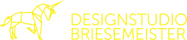 Gelbes geometrisches Einhorn-Logo, Schriftzug „DESIGNSTUDIO BRIESEMEISTER“.