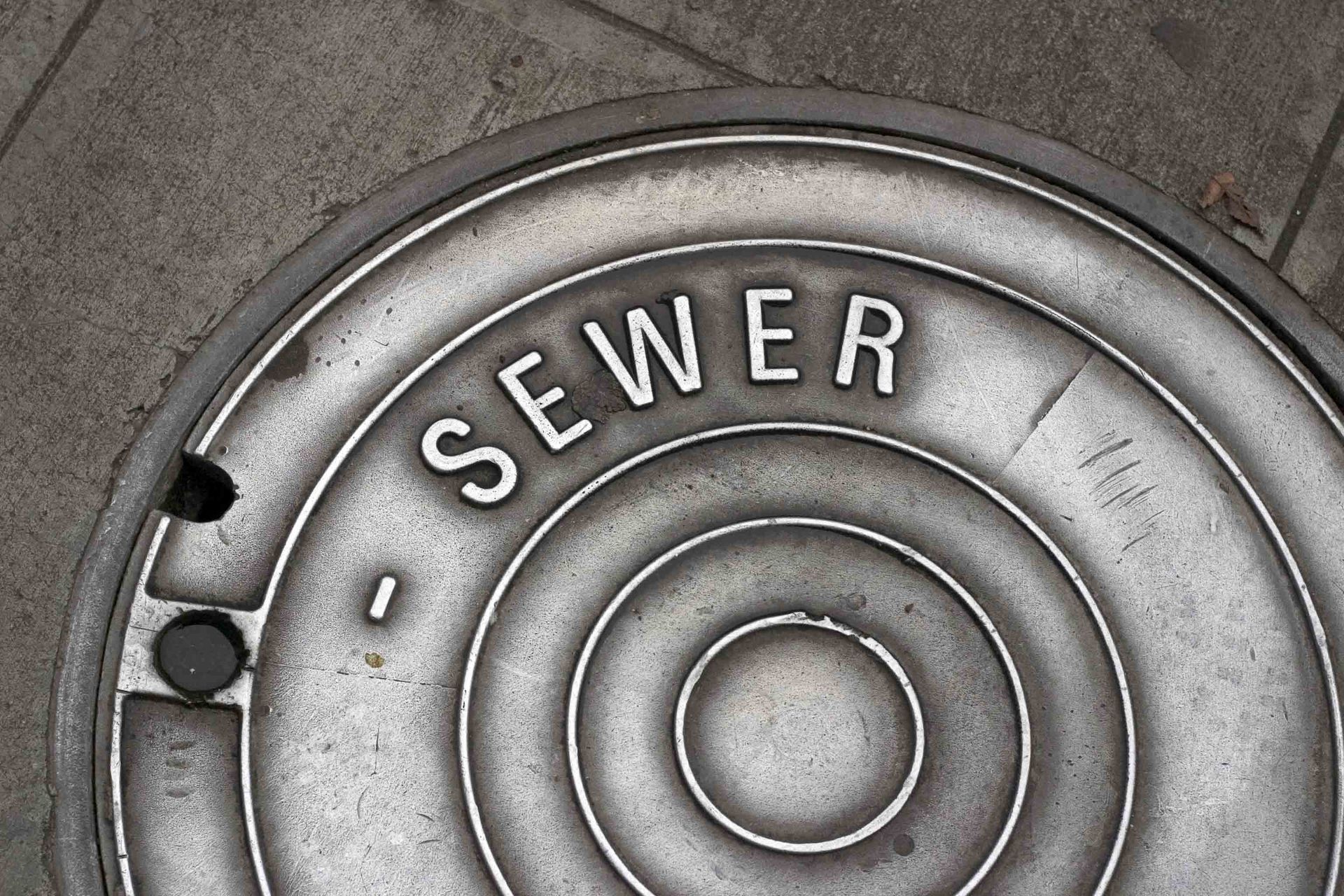 A Manhole Cover With The Word Sewer Written On It — Peoria, IL — Rooter-Matic Sewer Drain and Septic A Manhole Cover With The Word Sewer Written On It — Peoria, IL — Rooter-Matic Sewer Drain and Septic