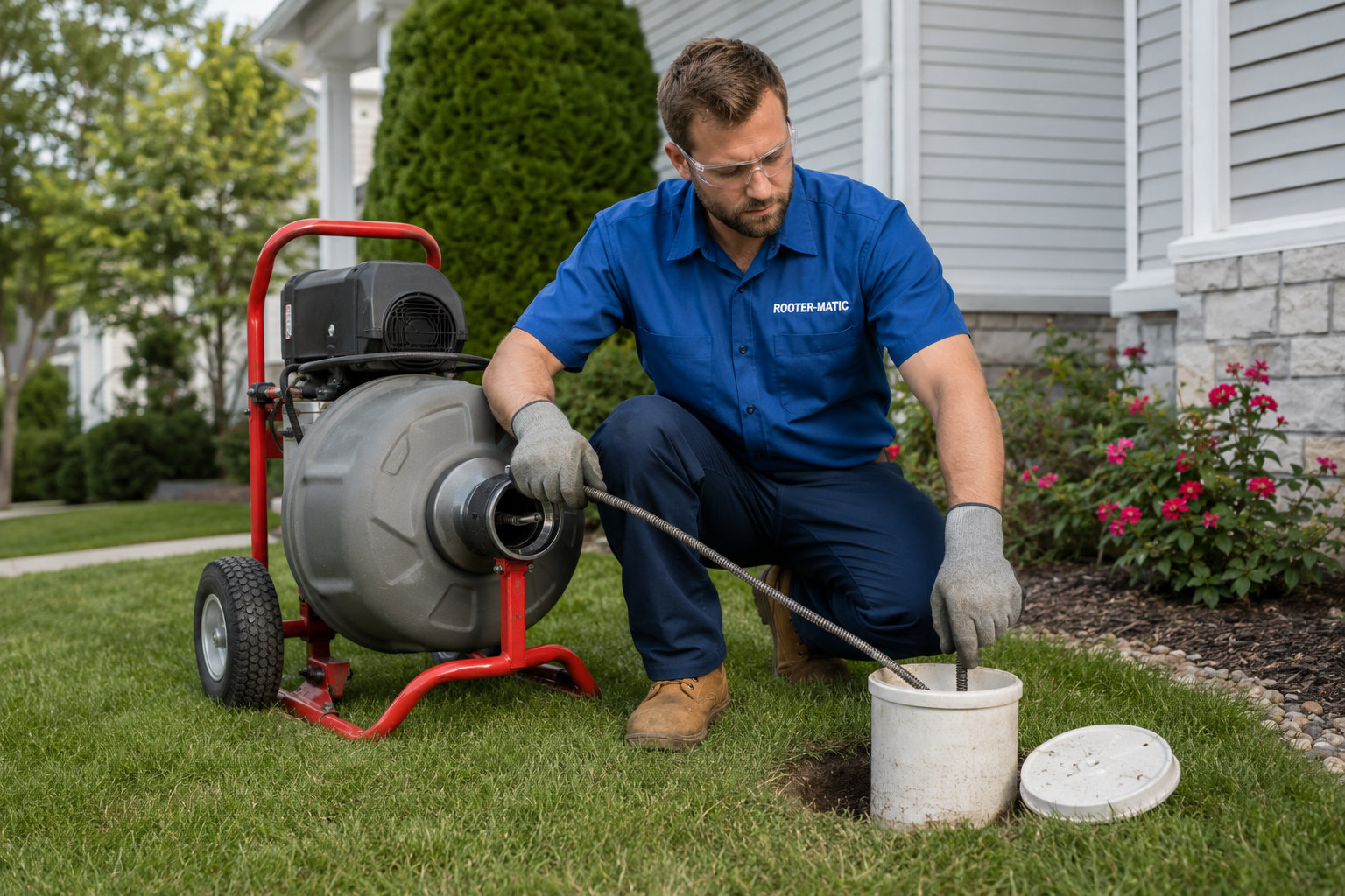A Person Is Holding A Plastic Pipe In A Trench — Peoria, IL — Rooter-Matic Sewer Drain and Septic