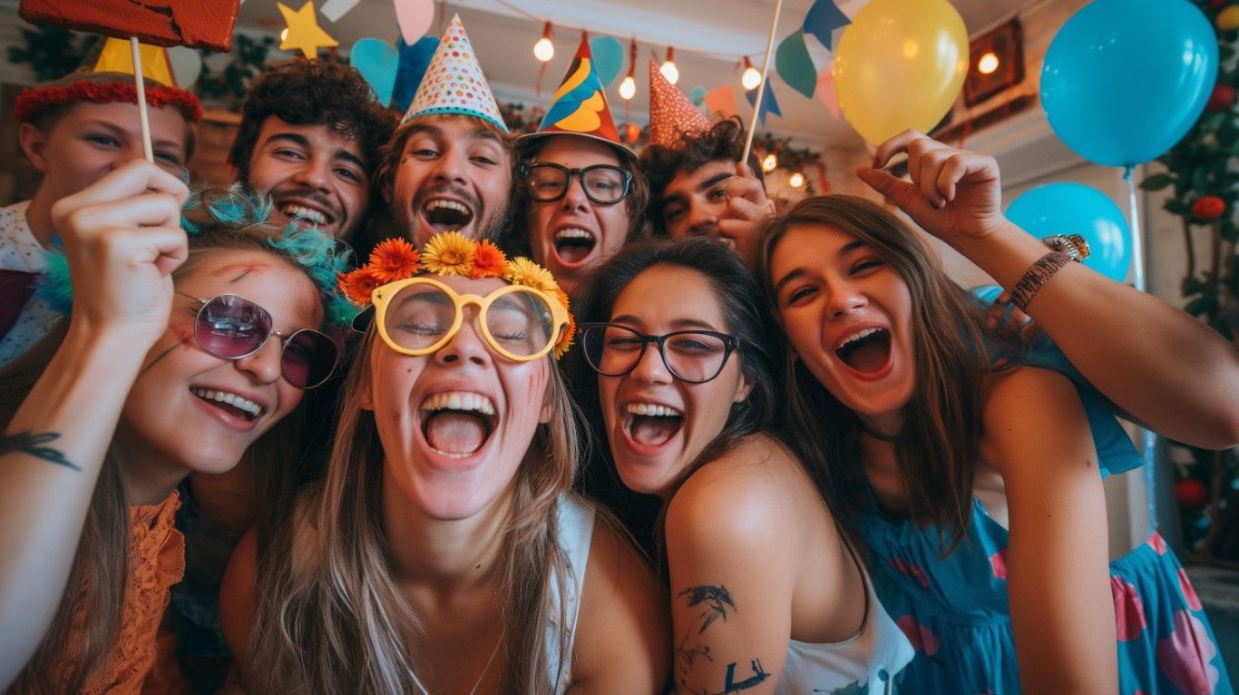 Smiling friends in party hats and glasses celebrating with balloons and drinks indoors