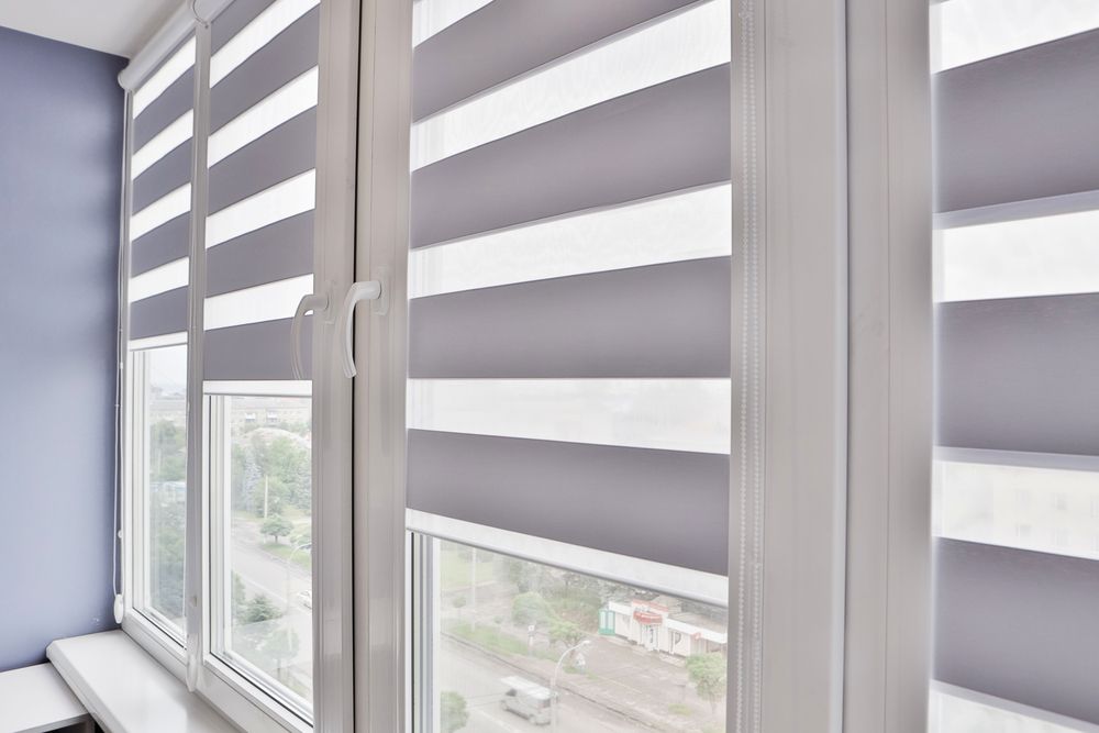 Window with Gray and White Striped Shades, Set in A White Frame — BlindDESIGN in Lennox Head, NSW