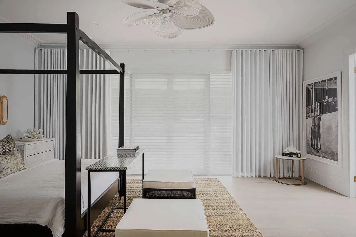 Spacious Bedroom With a Four-poster Bed, White Curtains, and Neutral Tones — BlindDESIGN in Ballina, NSW