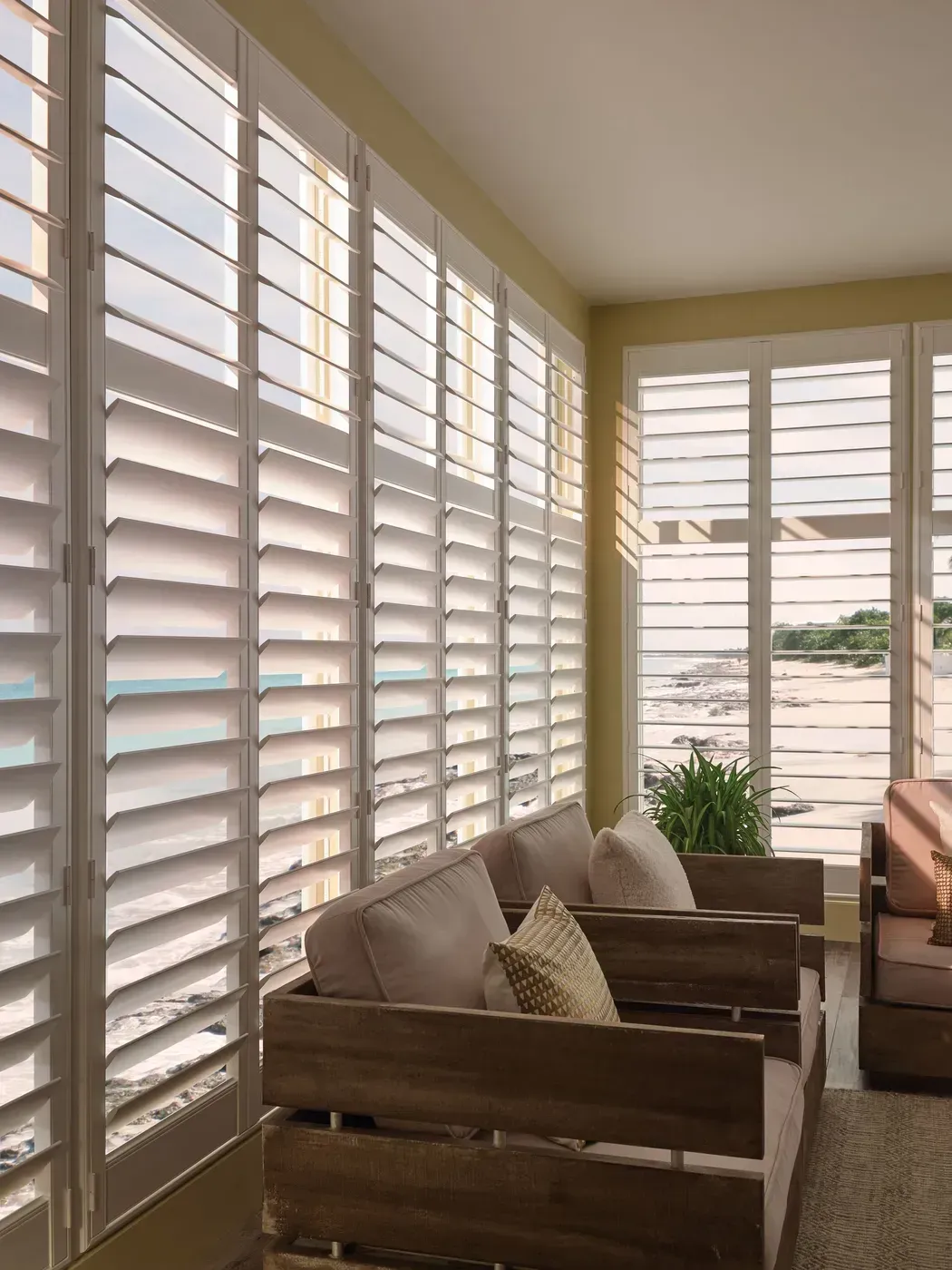 Room With White Shuttered Windows, Light Brown Wooden Chairs, and Beige Cushions — BlindDESIGN in Lennox Head, NSW