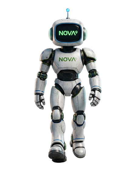 White humanoid robot with a black screen face displaying “NOVA” and a blue antenna on top