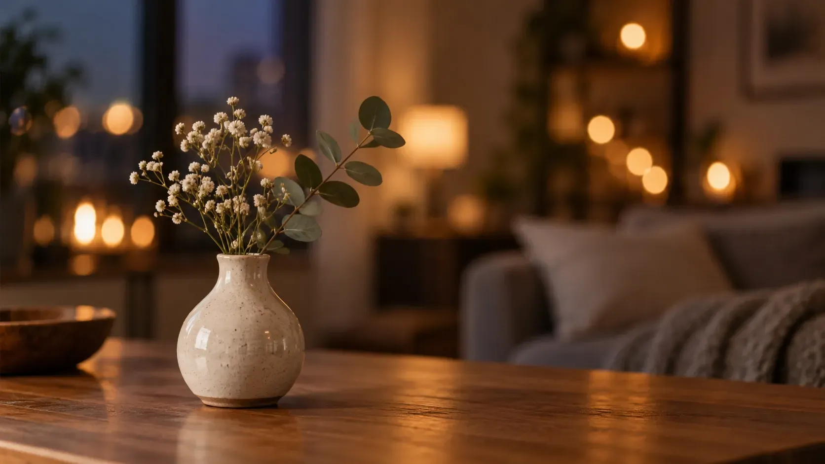 AI image showing a sharply focused foreground object with soft blurred light circles creating bokeh in the background