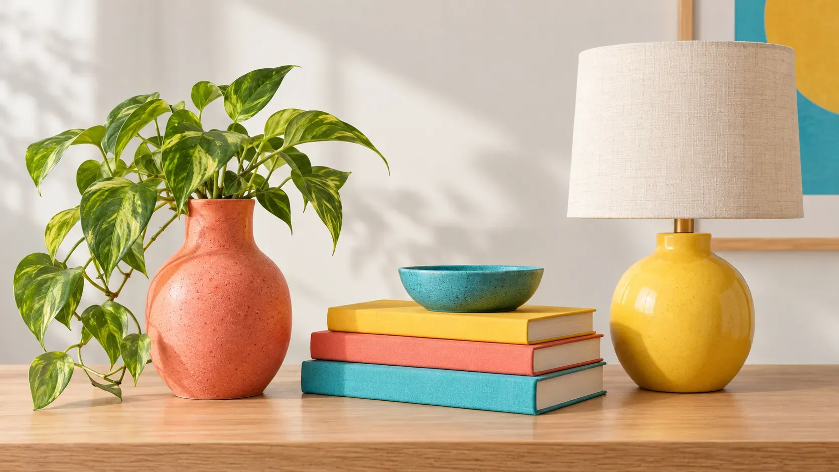 Same AI still-life scene recoloured with a bright playful palette of coral yellow turquoise and green
