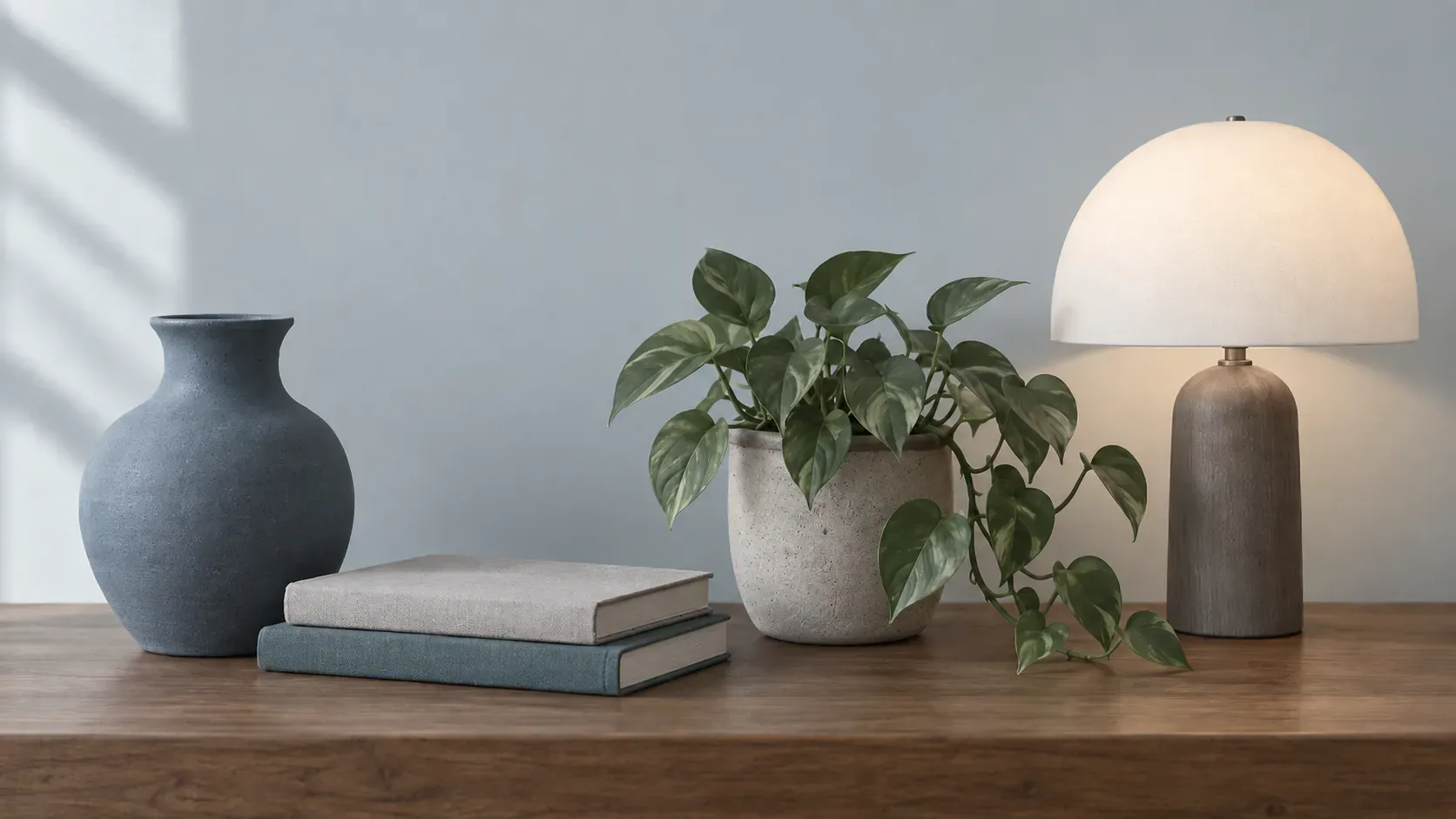 Same AI still-life scene recoloured with a cool muted palette of slate blue grey teal and desaturated green