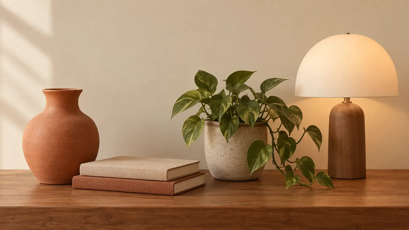 AI still-life image using a warm earthy palette of cream terracotta brown olive and beige