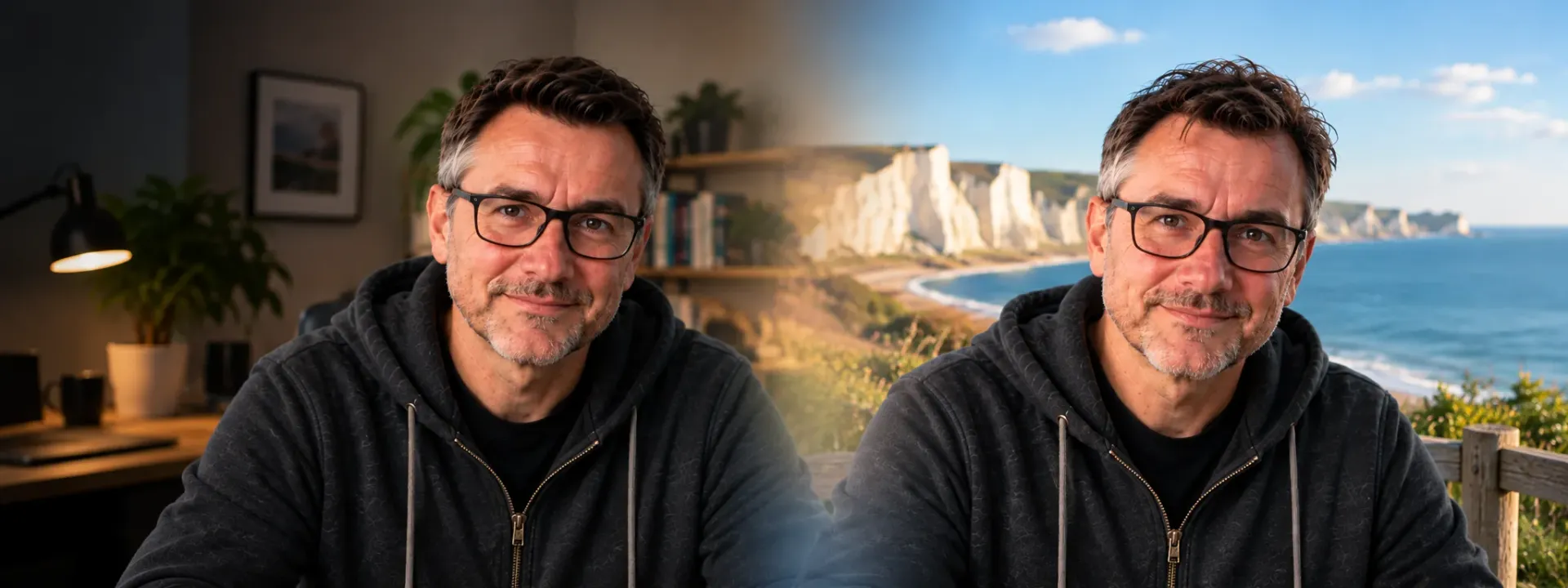 The same portrait shown in a home office and coastal setting to illustrate AI image editing