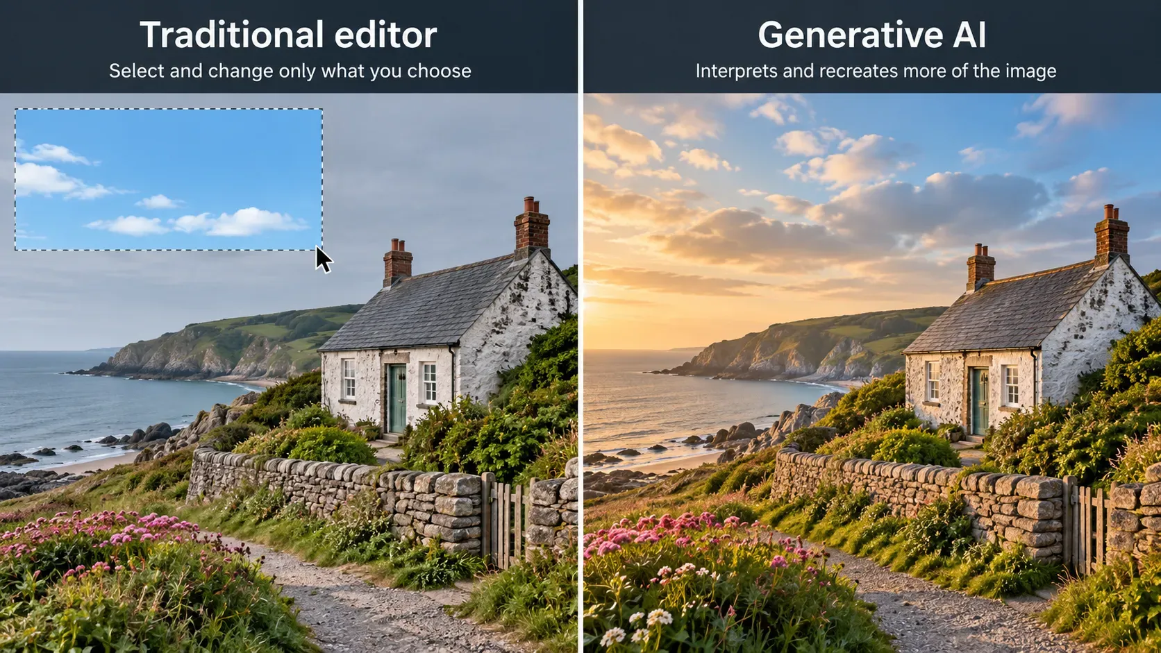 Traditional photo editing compared with generative AI image editing