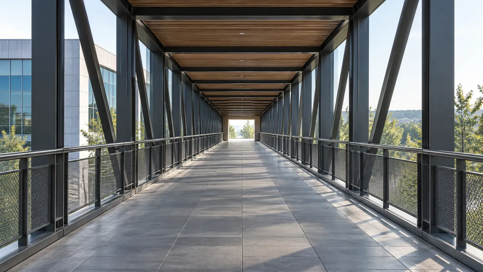 Architectural AI image where lines in a walkway guide the viewer towards a focal point