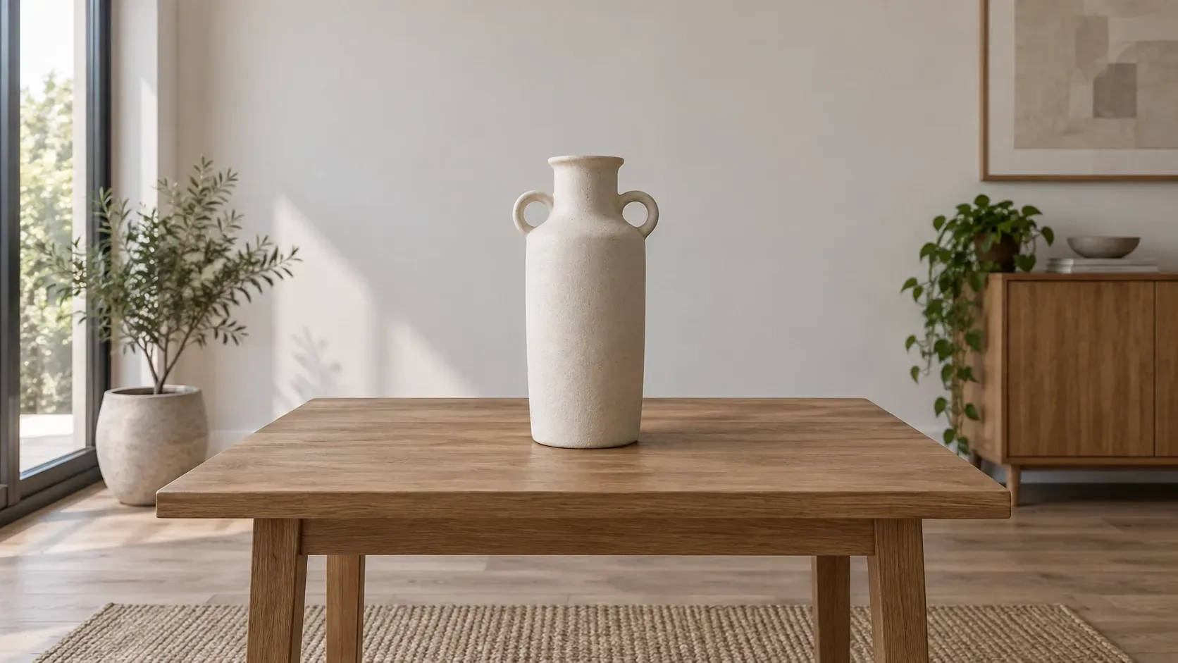 Eye-level perspective AI image of a ceramic vase on a table