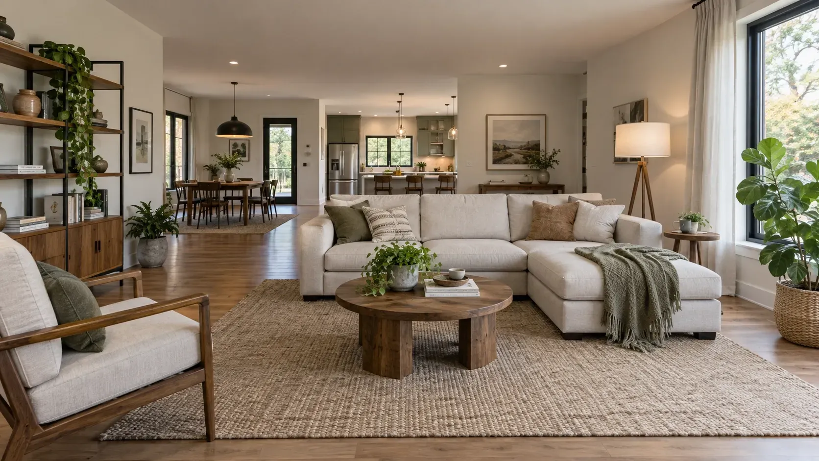 Wide-angle AI interior image showing a spacious room with greater apparent depth
