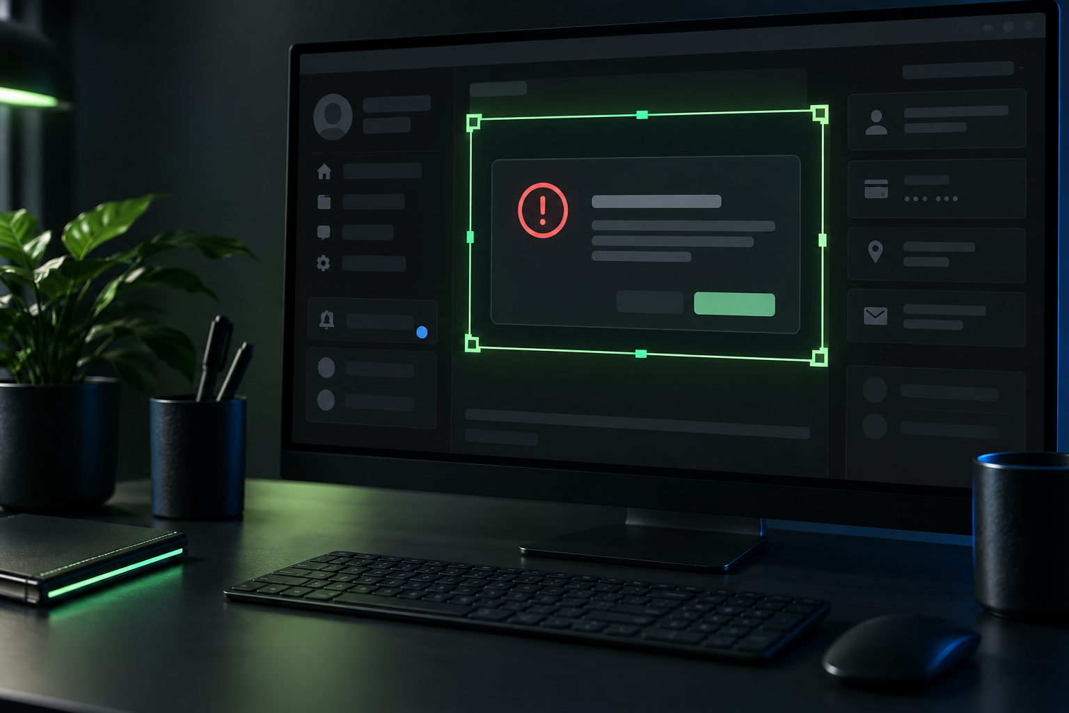 A generic computer screen with the useful error area inside a crop boundary and private interface details outside it.