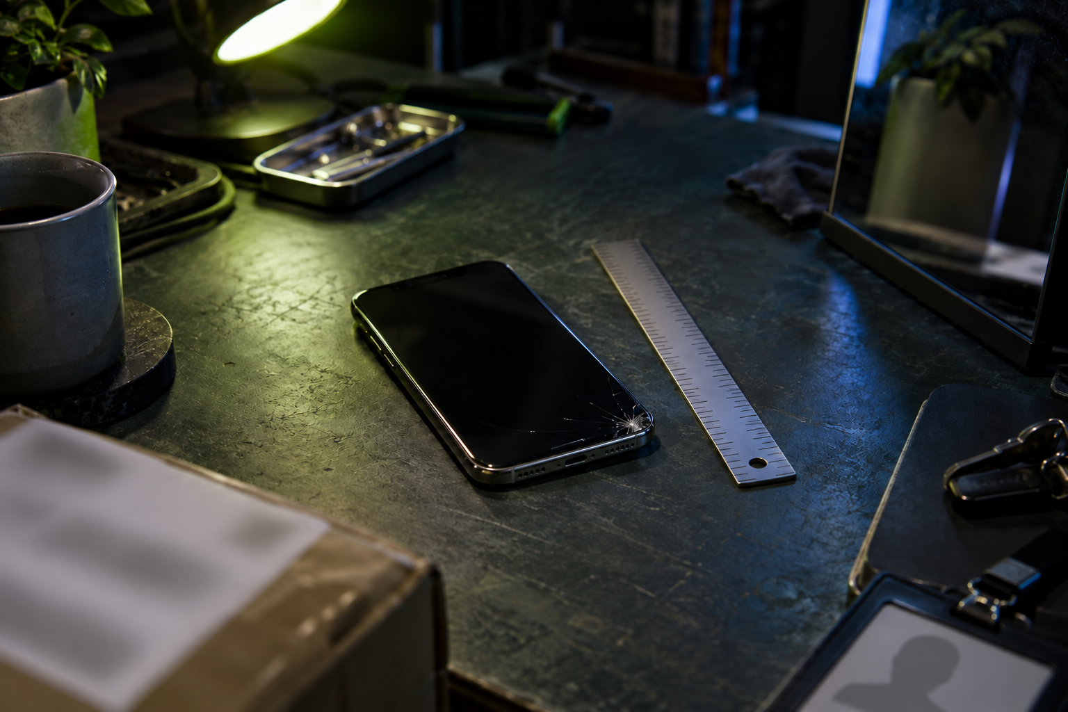 A cracked phone on a workbench with a measuring guide and private details visible around the edge of the photograph.