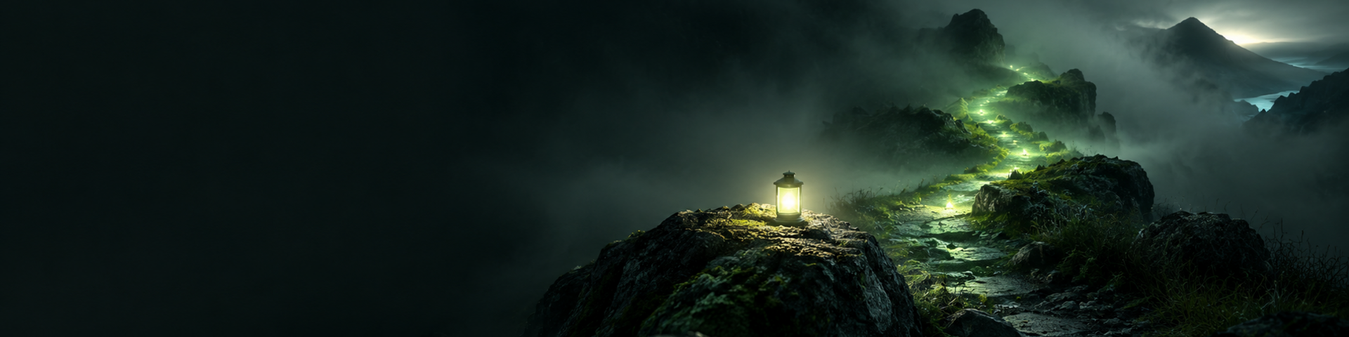 Dark, misty mountain ridge at night with a small glowing light on the peak