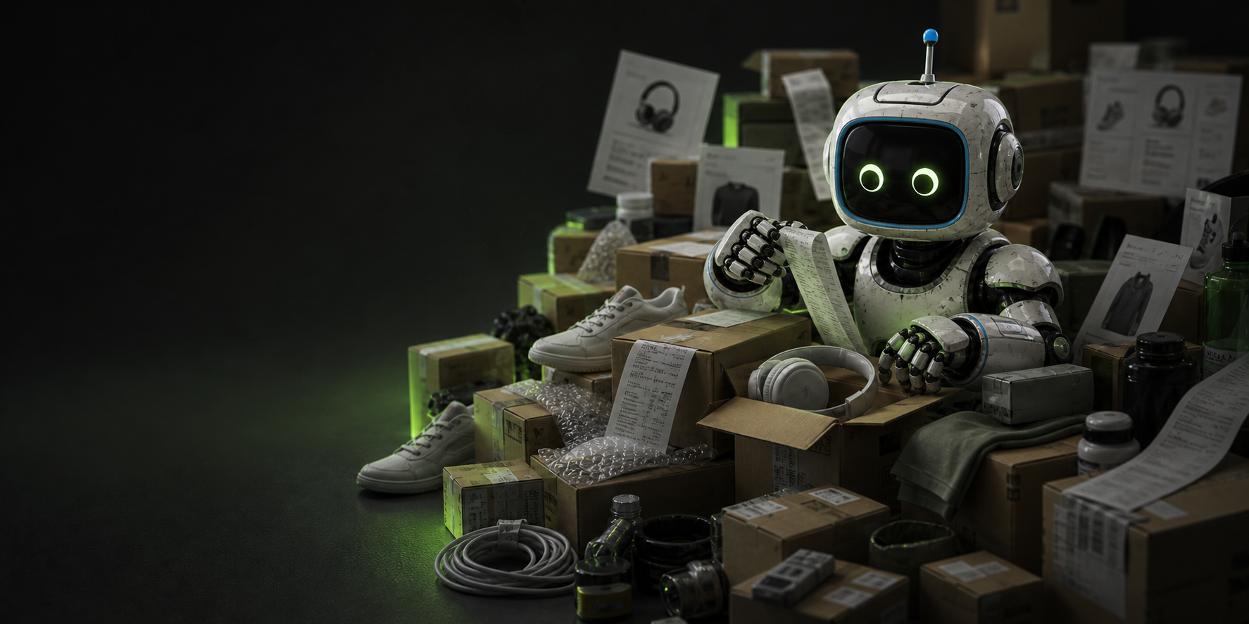 Small glowing robot sitting among stacks of cardboard boxes in a dim warehouse-like room.